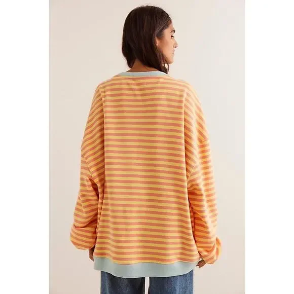 New Free People Classic Striped Oversized Crewneck In Orange Combo Women's Sz M - Picture 2 of 7
